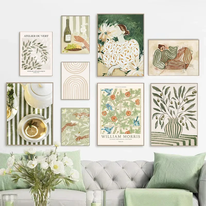 Moderne abstrakte grün gestreifte Mädchen Kunst Poster Retro kleine frische Vintage Kunst Leinwand Malerei Home Schlafzimmer Wohnzimmer Dekor