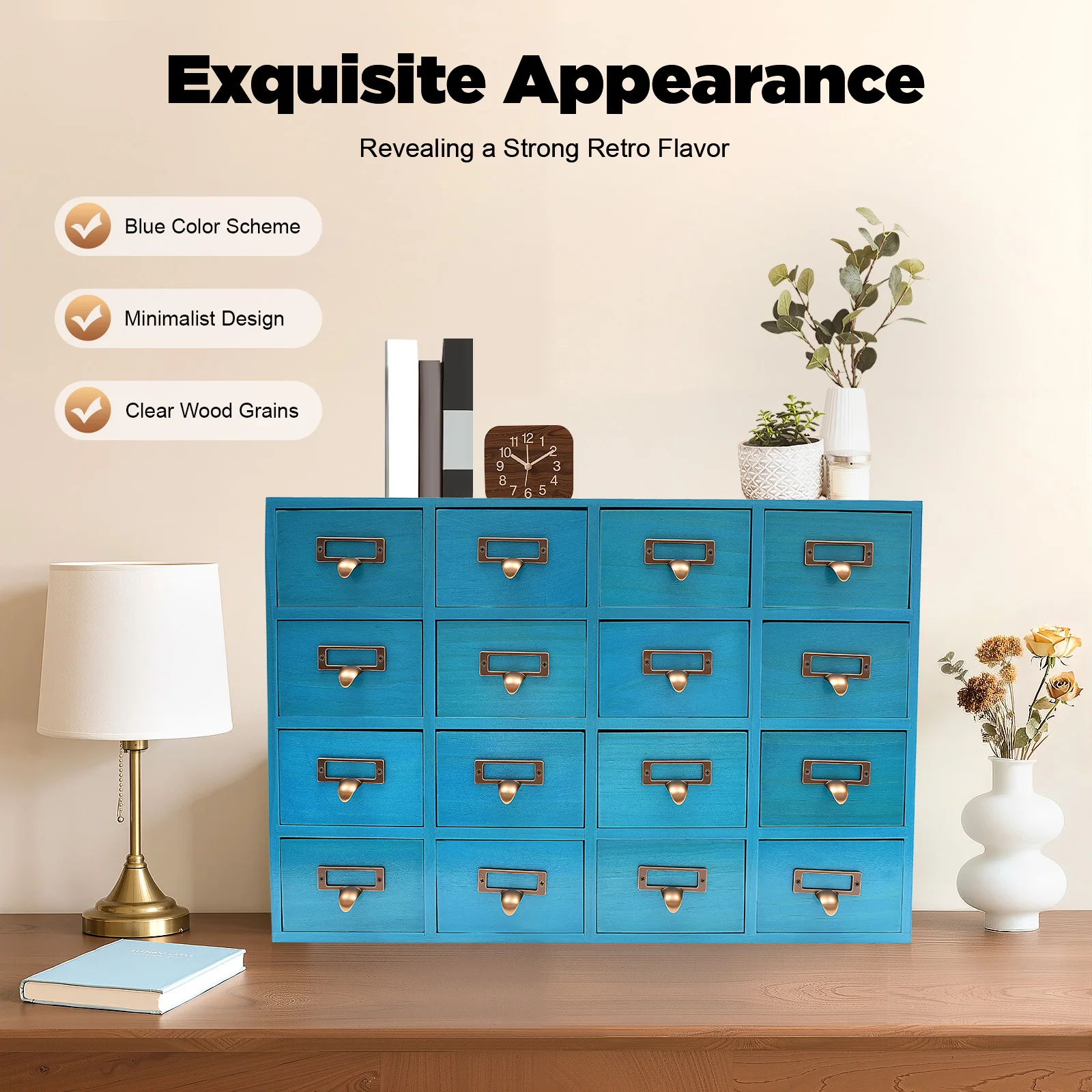 16-Schubladen Holz-Apothekerschrank Kräuteraufbewahrungsbox Retro Desktop-Aufbewahrungsschrank mit Etikettenfach für Haushalte, Büros