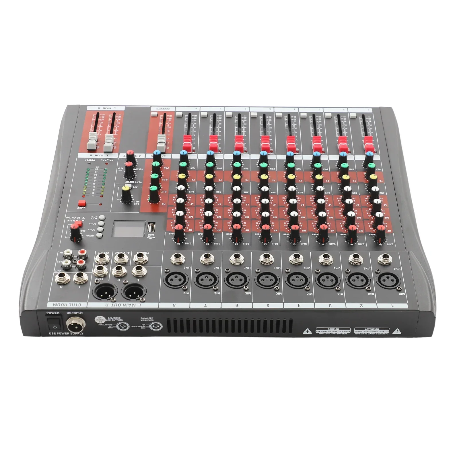 Professioneller 8-Kanal-Eingangs-Mehrspur-DJ-Audiomixer mit USB-Audio-Schnittstelle, Stereo-Equalizer und 48V Phantomspeisung für die Image