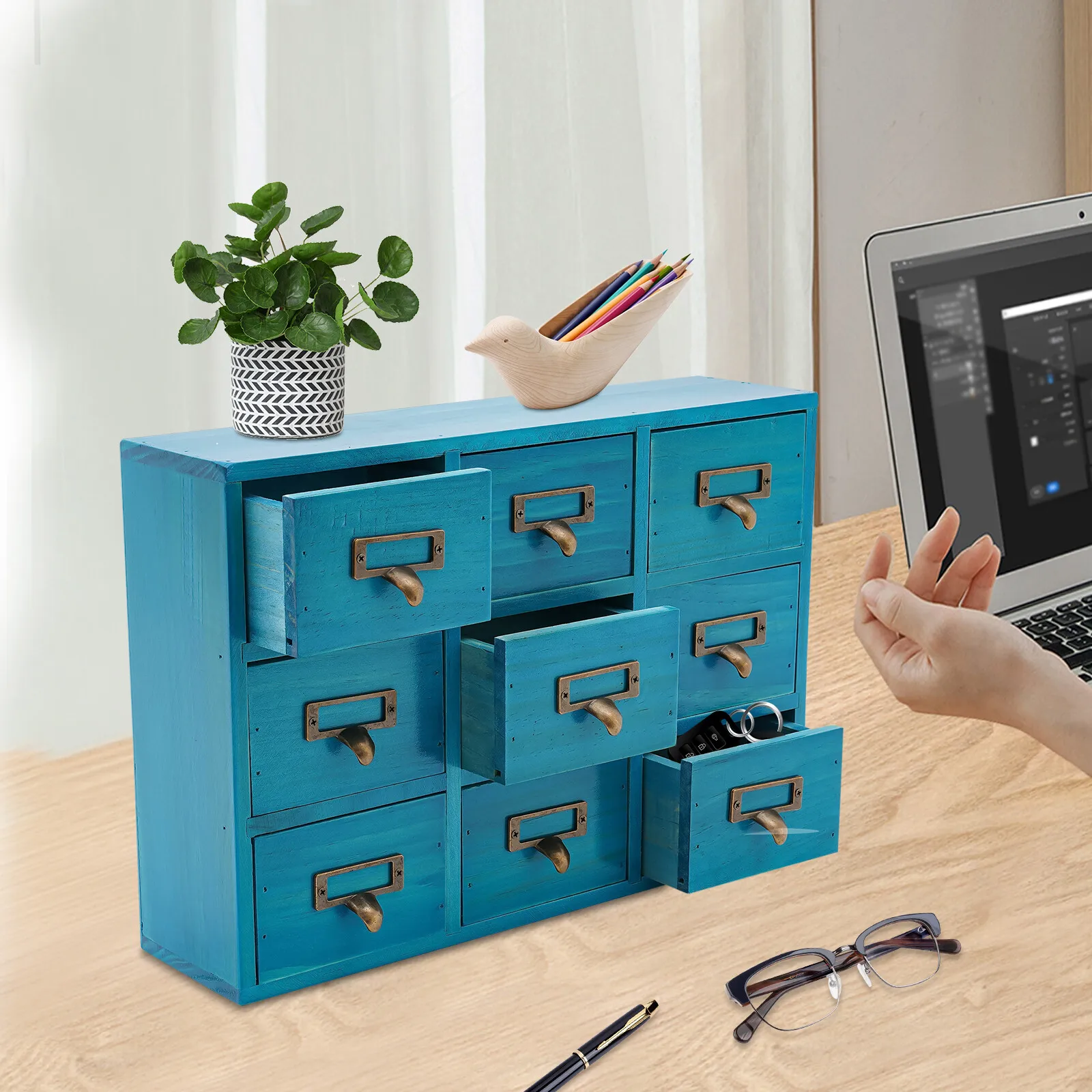 9-Schubladen Apothekerschrank, Holzorganizer mit Metallgriffen, Kräuteraufbewahrungsbox für Wohnzimmer, Küche, Büro