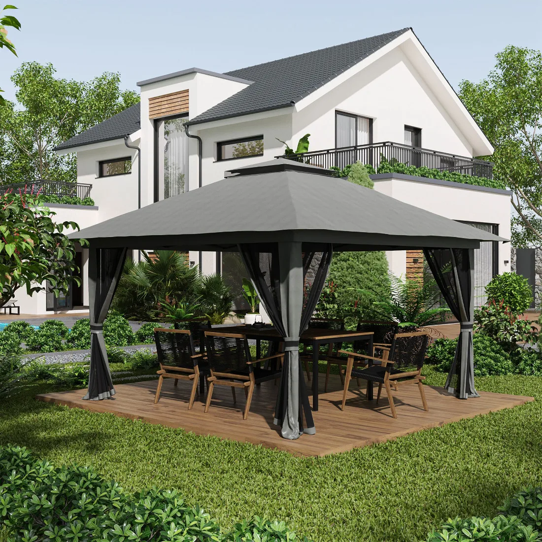 4x4m Dunkelgrauer Pop-Up-Pavillon mit Netz – Doppeldach-Sofortzelt mit UV-Schutz für Garten & Terrasse Image