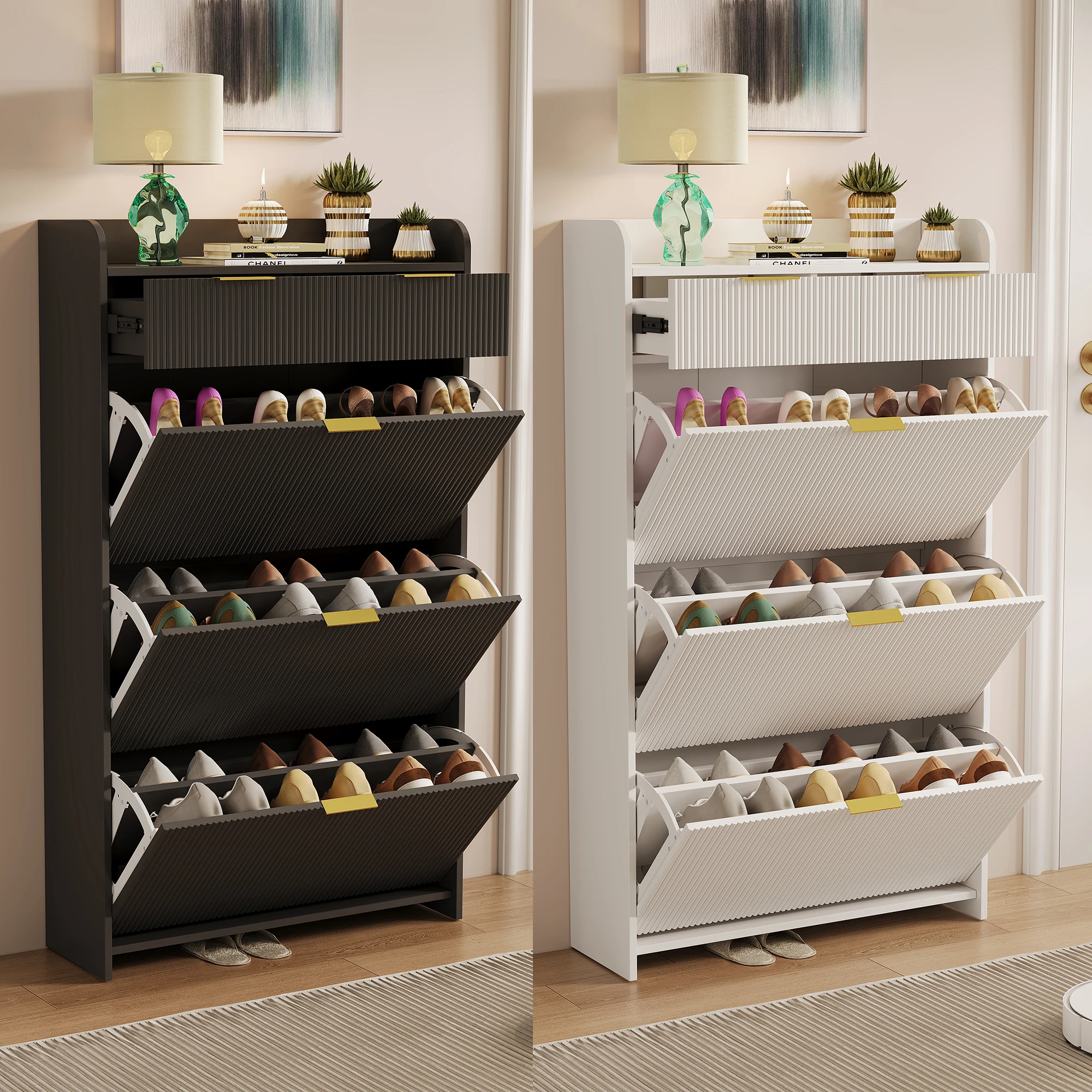 Anajqaqia Schmaler Schuhschrank, Holz-Schuhregal mit 2/3 Klappen & 2 Schubladen & 2/3 Türen für Schlafzimmer, Wohnzimmer, Eingangsbereich