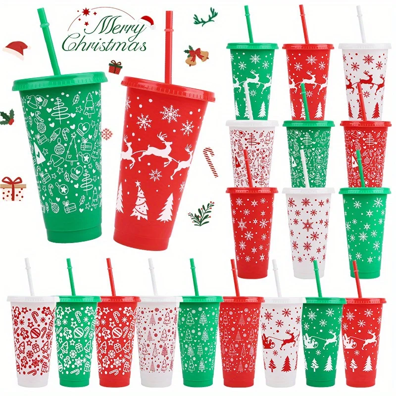 5 Stücke Weihnachten Kaffee Stroh Tasse Wiederverwendbare Weihnachtsbaum Schneeflocke Kunststoff Tasse mit Deckel Neujahr 2026 Navidad Natal Party Gefälligkeiten Dekor Image