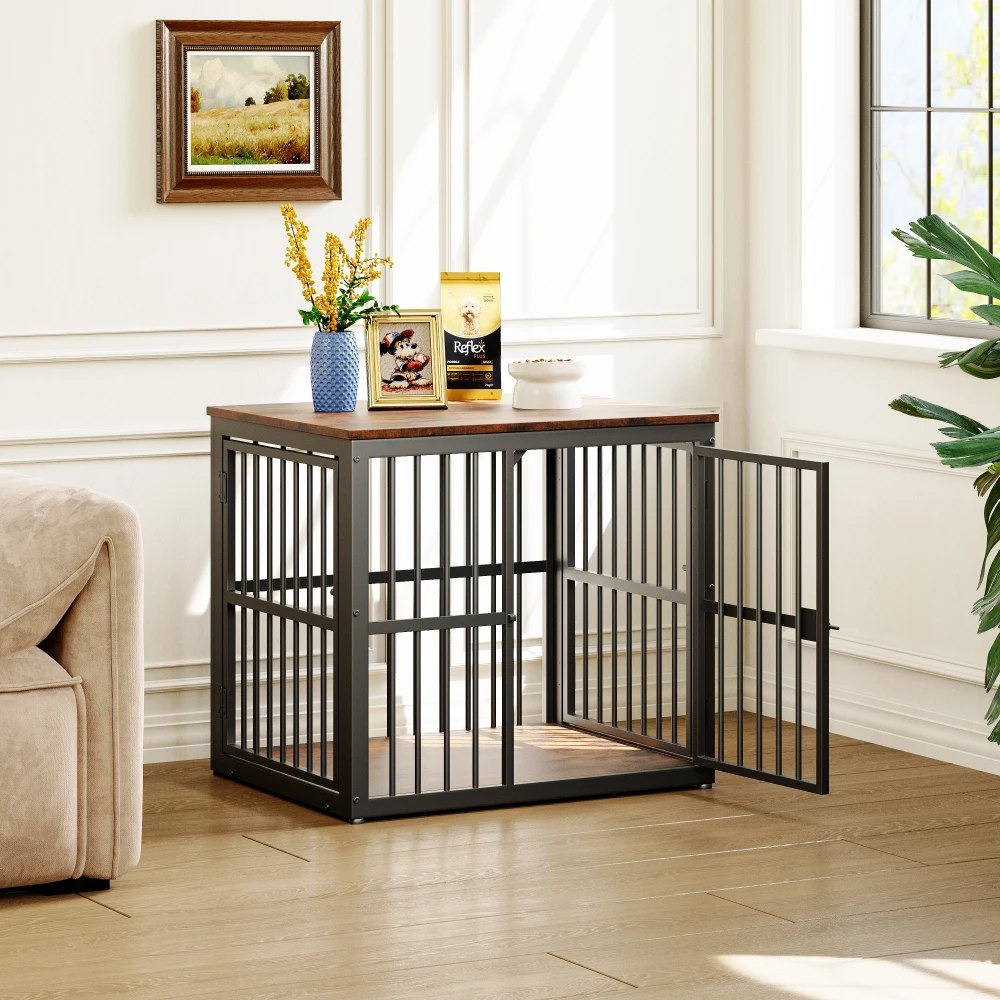 Modularer Hundekäfig-Möbel mit 3 Türen, 2-in-1 TV-Sideboard oder Nachttisch, Wasserfeste Platte, Kombinierbares System, in Retro-Braun Image