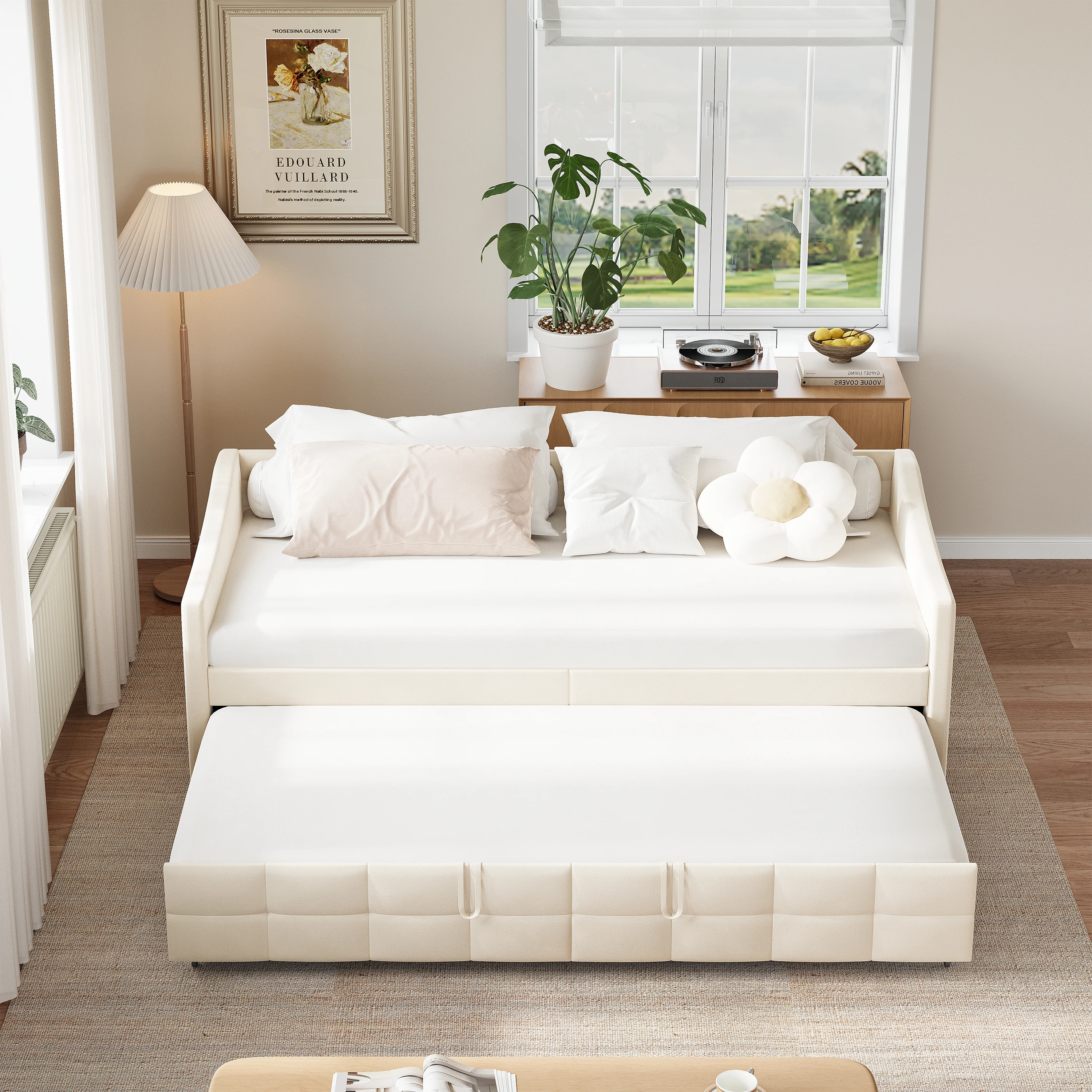 Anajqaqia 90/180×200cm Einzelbett, Ausziehbares Schlafsofa, Polsterbett, Ausziehbares Tagesbett, Kinderbett, Samt, Beige/Grau Image