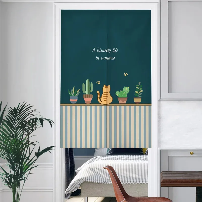 VIKAMA Küchentürvorhang im skandinavischen Stil, niedliches Cartoon-Katzenmuster mit grünem Pflanzendruck, Halbvorhang-Design Image