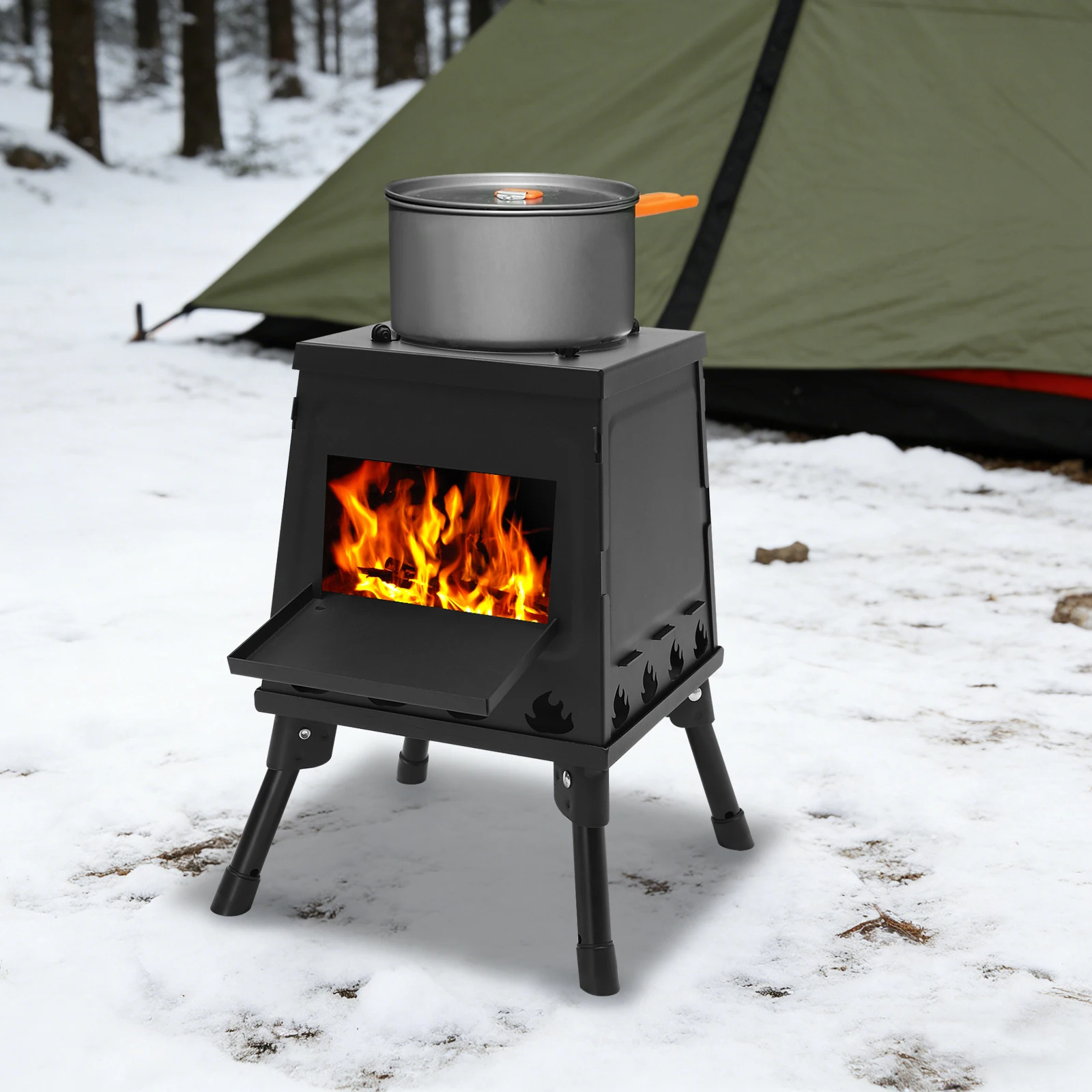Faltbarer Holzofen, 16-Lüftungsöffnungen Holzkohle-Campingofen, Windgeschützter Holzofen für Wasserkocher, Topf oder Grill Image