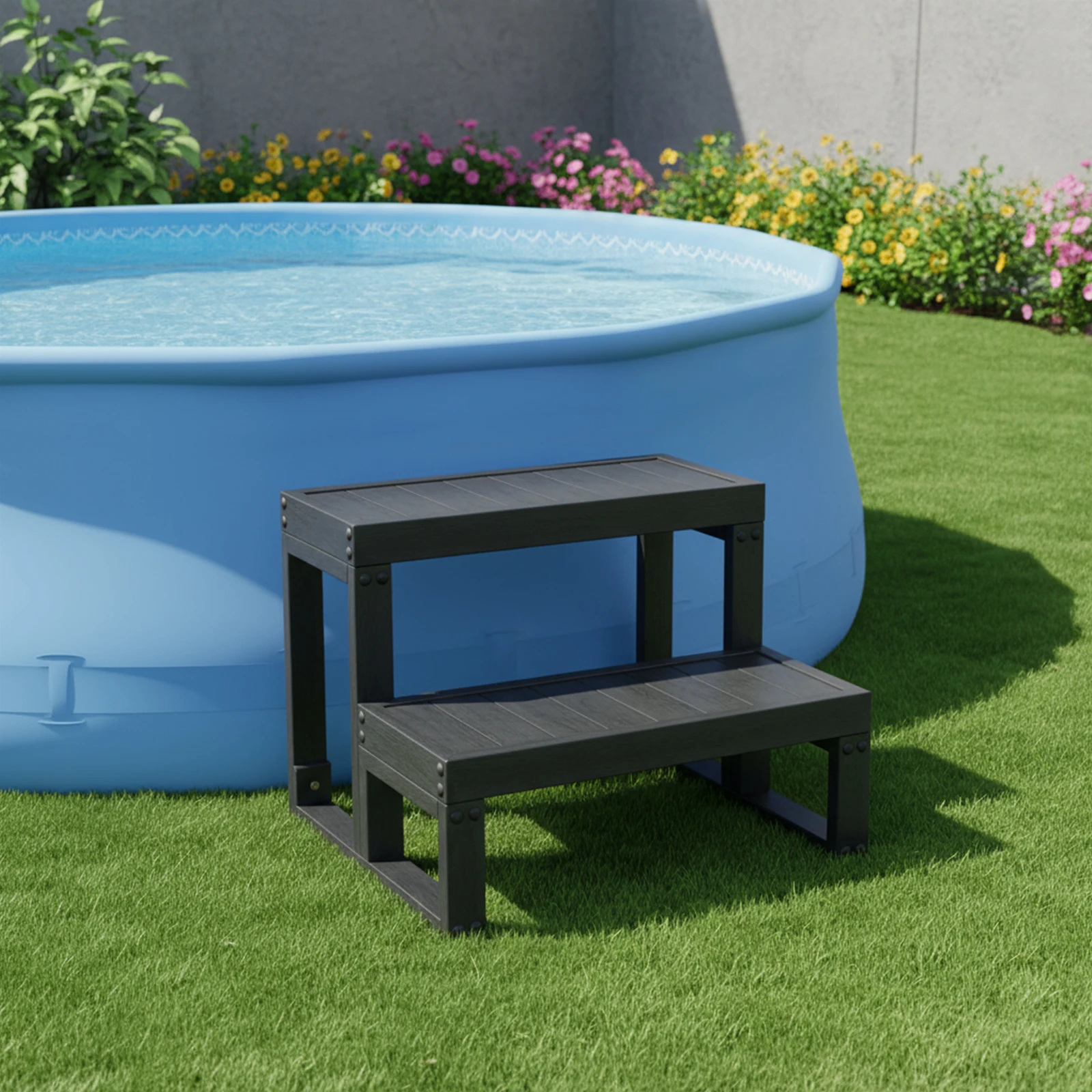 2-Stufen-Badewannenstufe Whirlpool-Treppe Rutschfeste WPC-Badezimmerstufe Freistehend Schwarz für Innen- und Außenbereich Image