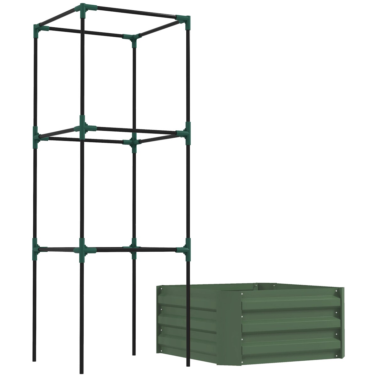 MODFU Hochbeet aus Stahl Grün 61x61x140 cm mit verstellbarer Rankhilfe, bodenoffenes Design für Garten und Balkon, wetterfest pulverbeschichtet Image
