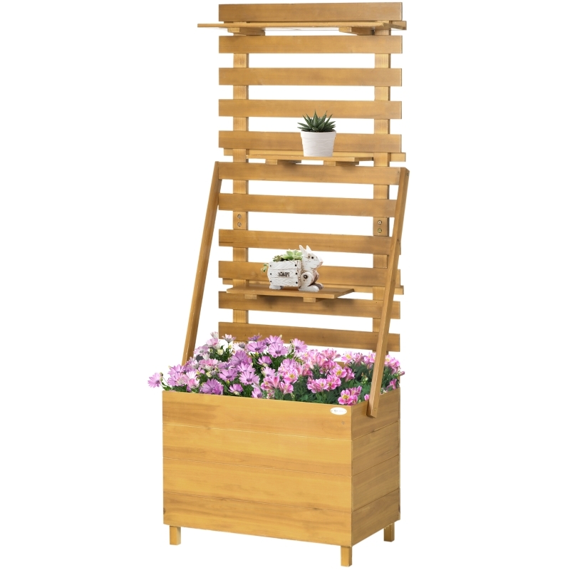OKWISH Hochbeet Pflanzkasten aus Holz 63x39x160 cm mit Rankgitter und 3 Ablagen Braun für Balkon Terrasse Garten, Vliesauskleidung und Wasserablauf Image