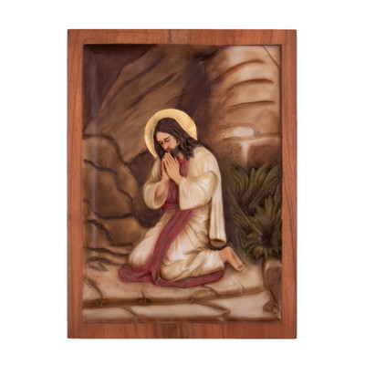 'Artisan-Made Religious Painted Cedarwood Jesus Relief Panel'