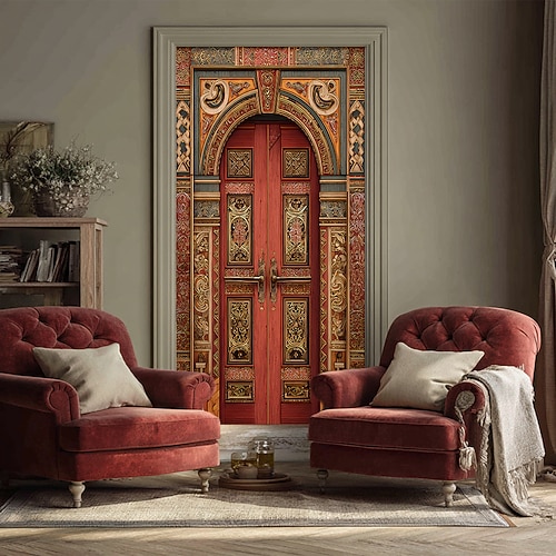 Antike arabische rote Holztür, verzierter maurischer Torbogen, aufwendige florale Schnitzereien, realistische 3D-Stofftürbanner-Abdeckung für die Inneneinrichtung von Wohnräumen, Eingangsbereich, Image