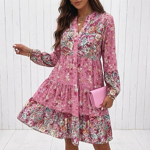 Damen Minikleid Freizeitkleid Boho-Kleid Frühlingskleid Urlaub Streetwear Urlaub Straße Ferien Normale Passform Blumen Langarm V-Ausschnitt Rosa Blau Grün Sommer Frühling Image