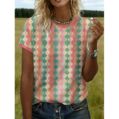 Damen T Shirt T-Shirt Druck Grafik Geometrisch Stilvoll Klassisch Lässig Kurzarm Rundhalsausschnitt Normale Oberteile Täglich Sport Ausgehen Blau Rosa Sommer Frühling Image