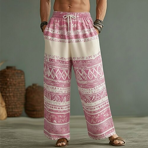 Herren Geometrisch Ethnisch Hose Baggy-Hosen Freizeithose Mittlere Taille Boho Vintage-Retro Heim Outdoor Urlaub Elastischer Kordelzug in der Taille Leinenähnliche Hose mit Taschen Sommer Frühling Image