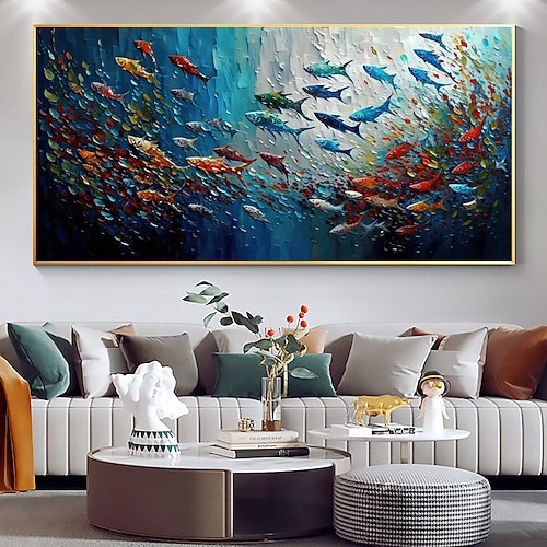 Handgefertigtes Original-Ölgemälde „Fischschwarm" auf Leinwand, Wandkunst-Dekor, abstraktes Meeresboden-Gemälde für die Inneneinrichtung, mit gespanntem Rahmen/ohne Innenrahmen-Gemälde Image