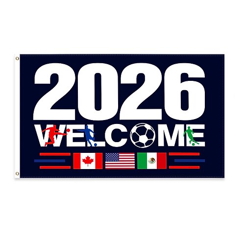 Willkommensbanner für Fußballfans 2026, USA, Kanada, Mexiko (Gastgeberländer), Gartendekoration, Geschenk für Fußballbegeisterte, 152 x 91 cm Image