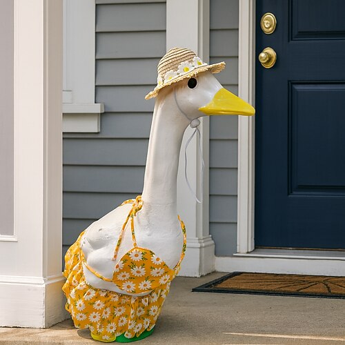 Gänseblümchen-Bikini-Gänse-Outfit mit Strohhut, sommerliches Gänsekleid für eine 58-64 cm große Gänsefigur aus Beton, ideal für die Gartendekoration im Strand-Stil. Nur das Outfit, Gans nicht Image