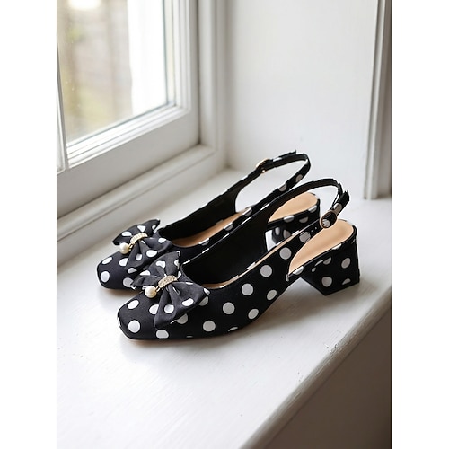 Damen-Pumps mit Polka-Dots – elegante schwarz-weiße Slingback-Pumps mit Schleife Perlenverzierungen für Vintage-Partys, Rockabilly-Events klassische Bürokleidung Image