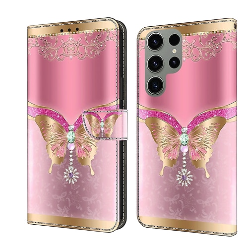 Handy Hülle Handyhüllen Für Samsung Galaxy S26 Ultra Plus S25 S23 S22 S21 FE S21 Ultra Plus A14 A53 A13 A23 Brieftaschenhülle Mit Kartenhalter Magnetischer Flip Ständer Grafik Schmetterling Blume TPU Image