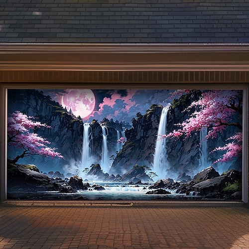 Japanischer Zen-Wasserfall, rosa Kirschblüten, Mond, Garagentorbanner, Naturlandschaft, Bergfluss, Außenwanddekoration, Hausfassade, Garten, Feiertagswandbild, Hintergrund
