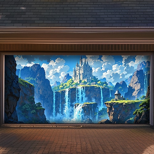 Japanischer Zen-Wasserfall, rosa Kirschblüten, Mond, Garagentorbanner, Naturlandschaft, Bergfluss, Außenwanddekoration, Hausfassade, Garten, Feiertagswandbild, Hintergrund