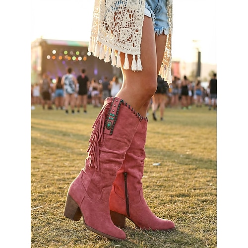 Damenstiefel aus Wildleder im Retro-Western-Stil mit Fransen – Stiefel mit braunem Absatz und halbhoher Wadenhöhe für lässige und Boho-Outfits Image
