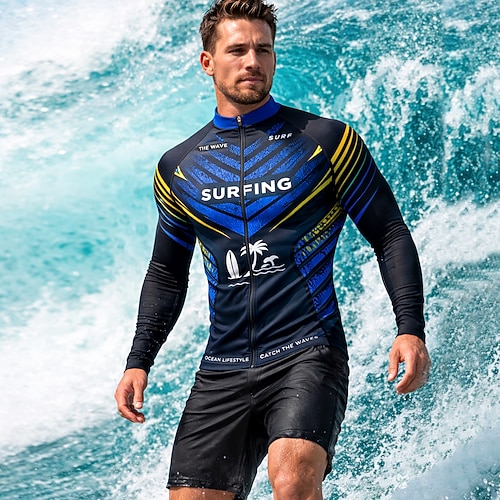 Herren Standard Anti UV Shirt T-Shirt zum Schwimmen Alphabet Geometrisch Farbblockierung Reißverschluss UPF50 UV Schutz Schnelltrocknend Langarm Bademode Schutz gegen Hautausschlag Surfen Kanufahren Image