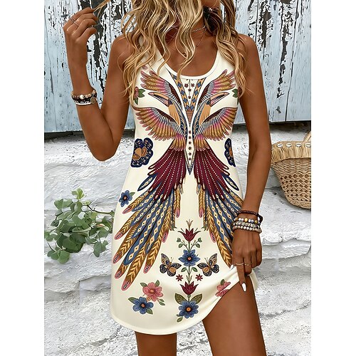 Damen Minikleid Sommerkleid A Linie Kleid Urlaub Lässig Boho Strand Party Hochzeit Normale Passform Grafik Tiermotiv Böhmische Ärmellos U-Ausschnitt Blau Gelb Rosa Purpur Sommer Frühling Image