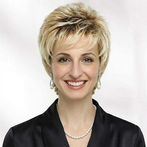 Schicke, kurze, blonde Pixie-Perücke für Damen – voluminös und mit leichten Stufen. Image