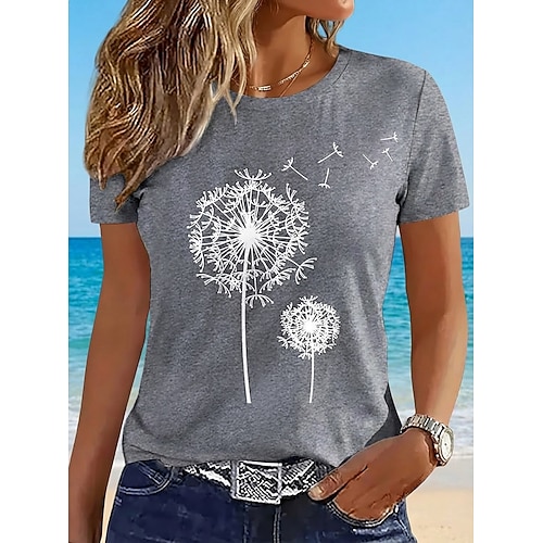 Lässiges T-Shirt für Damen mit Löwenzahn-Print, Rundhalsausschnitt, weiß, kurzärmlig, für den Sommer, bequeme Passform, unverzichtbar für den Alltag Image