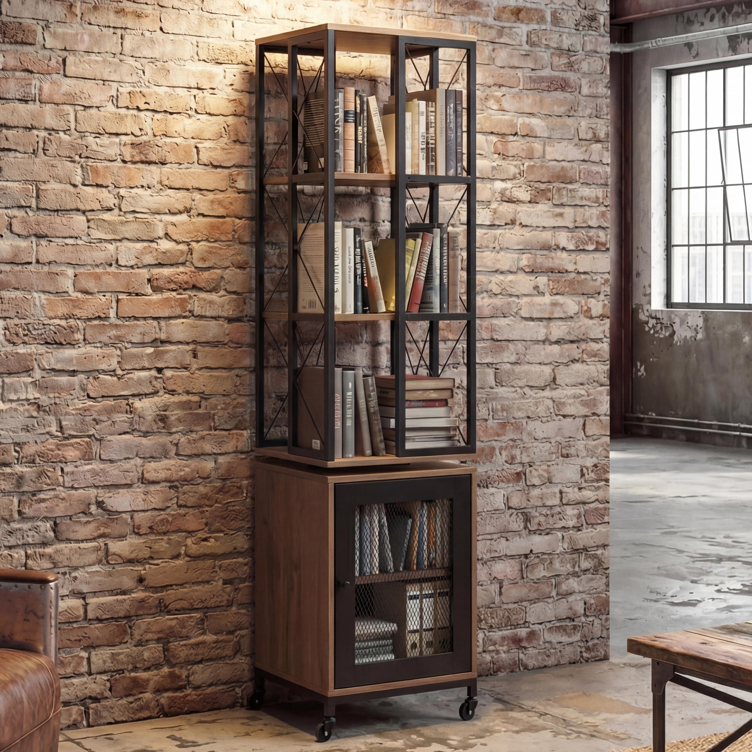 Bücherregal HWC-P13, Standregal Drehregal, Rollen drehbar Tür, Metall Industrial Melamin MVG 162x40x42cm ~ braun