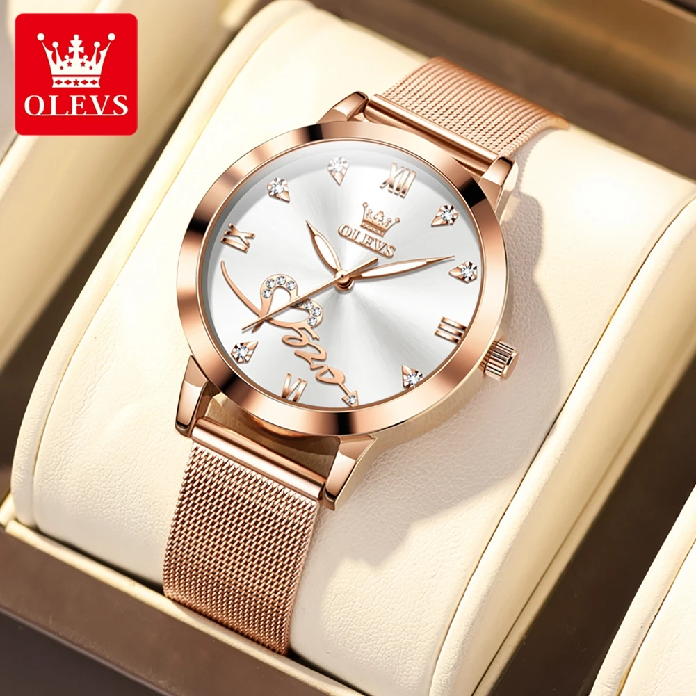 OLEVS 5530 Damen-Quarzuhren, elegantes Roségold-Mesh-Armband, modisches Herz-Design, 30 m wasserdicht, leuchtende Armbanduhr für Damen