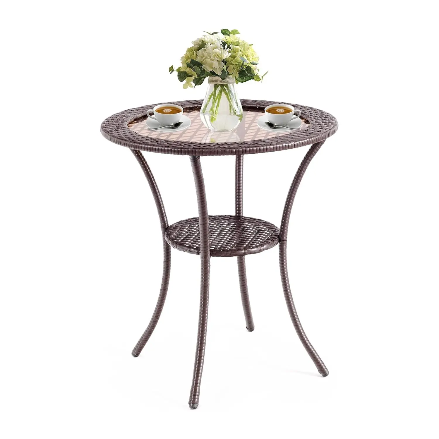 Rattan-Gartentisch, Bistrotisch mit Glasplatte und Regal, runder Terrassentisch, Balkontisch, wetterfest, Esstisch für den Außenbereich