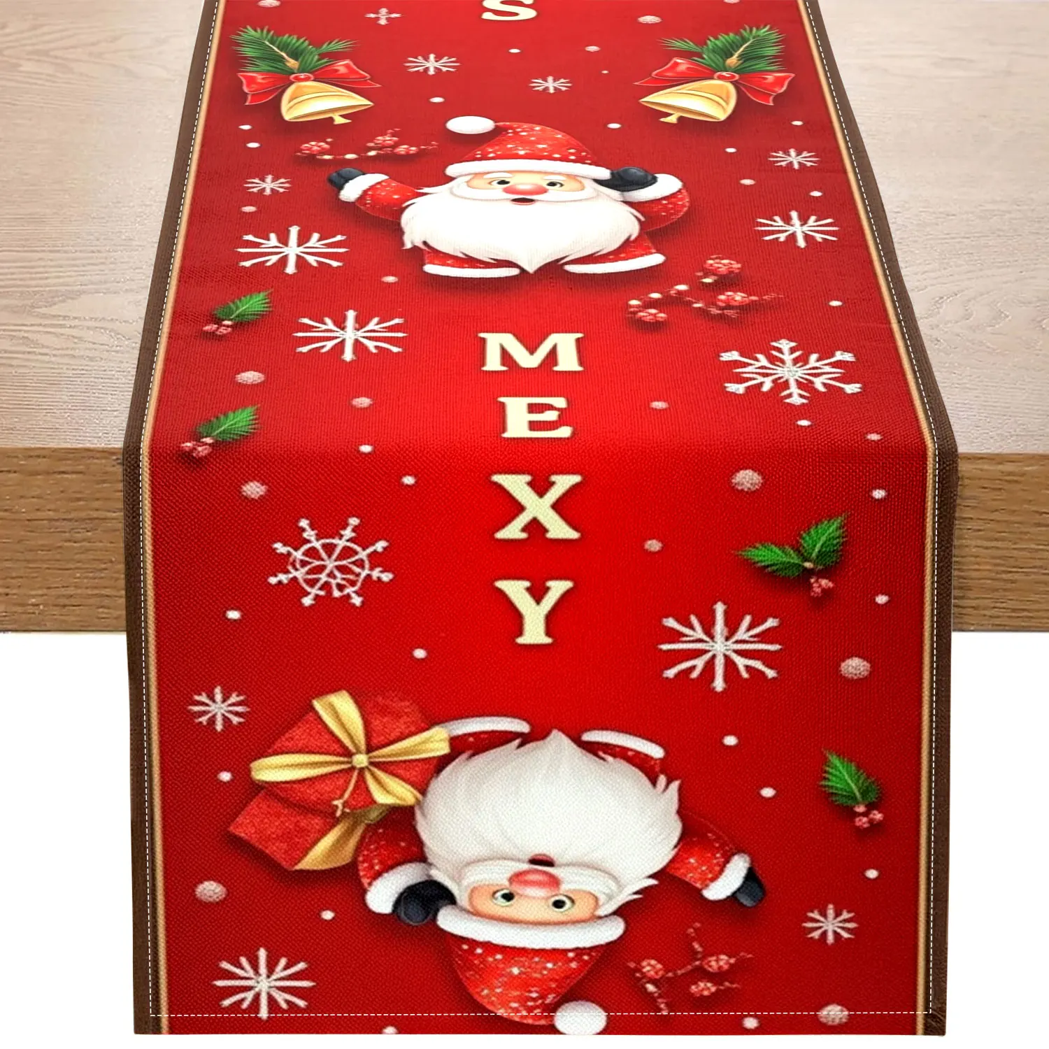 1-teiliger Tischläufer mit Weihnachtsthema, mit Weihnachtsmann, Kränzen und Schneeflockenmustern, geeignet für Weihnachtsfeiern und Weihnachtsdekoration Image