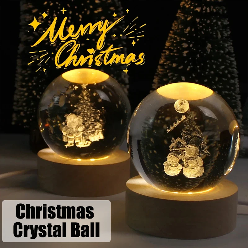 USB 3D Kristallkugel Nachtlicht graviert Weihnachtsmann Schneemann Globus LED Glaskugel Holzsockel Geburtstagsgeschenk Heimdekorationen Image
