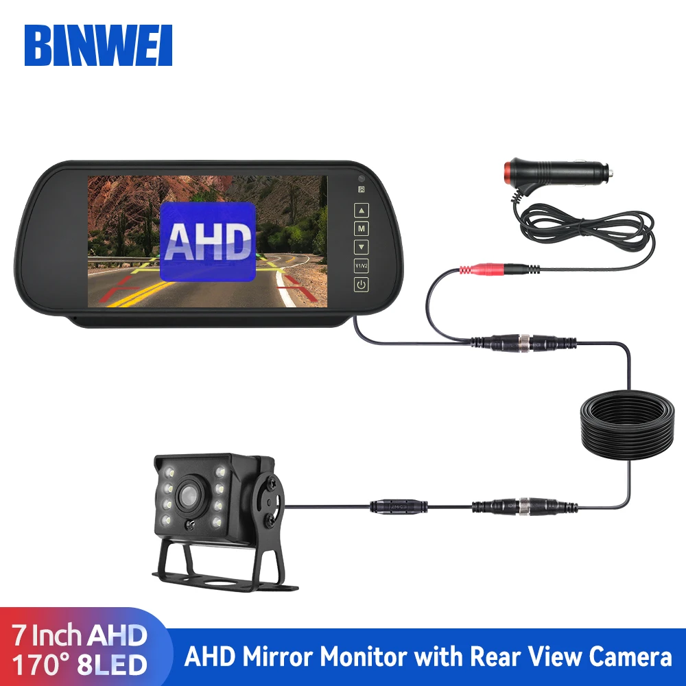 BINWEI 7" Auto AHD Spiegelmonitor mit Rückfahrkamera für Fahrzeugparken 12-24V 1080P LED Nachtsicht Rückfahrkamera Bildschirm Image
