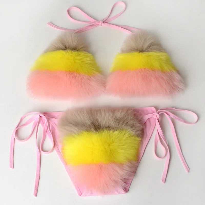 Regenbogen Gestreiften Frauen Plüsch Fell Bikinis Set Badeanzug Sport Gefälschte Fuchs Pelz Zwei Stück Weibliche Bademode Bh Unterwäsche Sets Badeanzüge Image