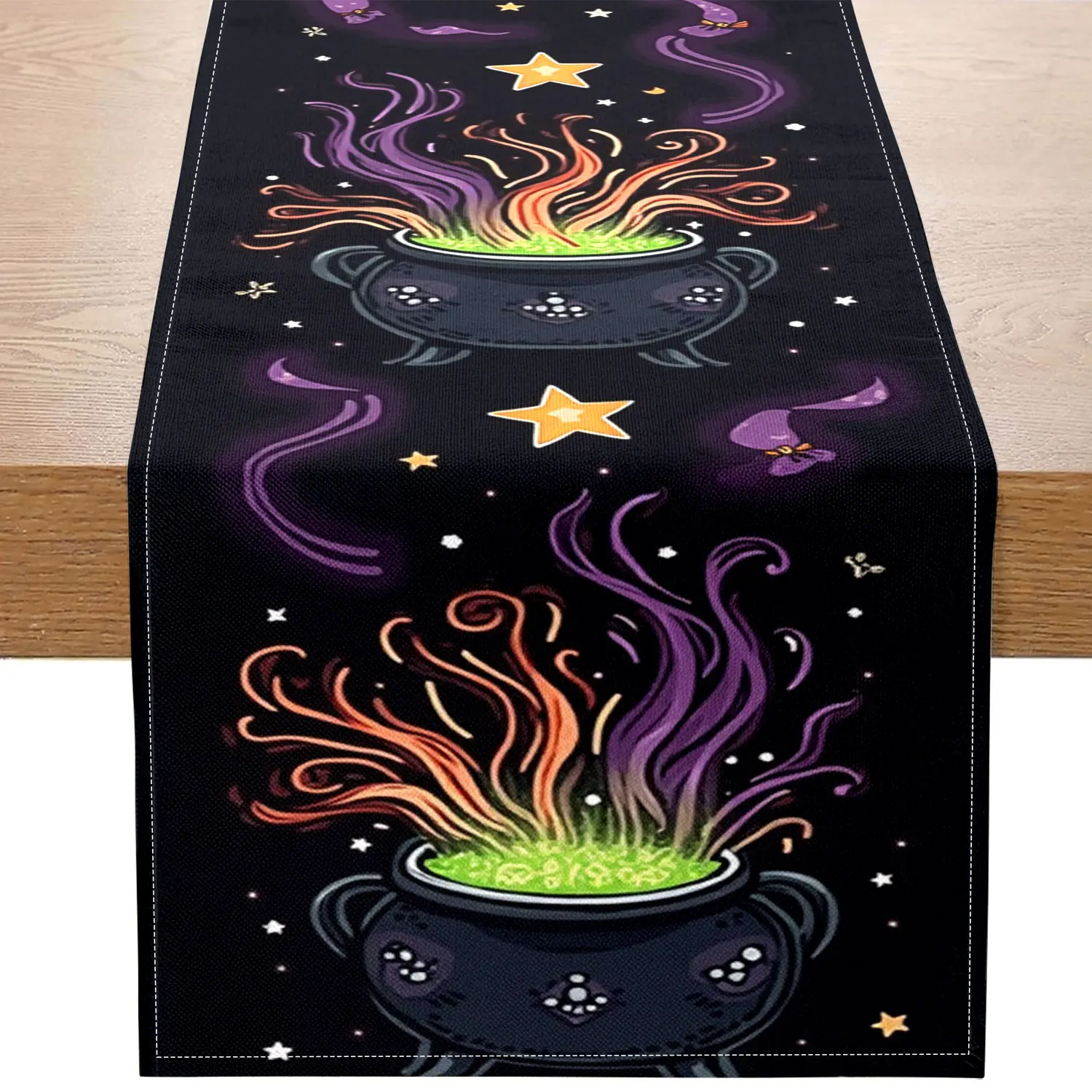 1-teiliger Tischläufer mit Halloween-Motiv, mit magischen Kessel und Gasmustern, geeignet für Halloween-Partys und Feiertagsdekorationen Image