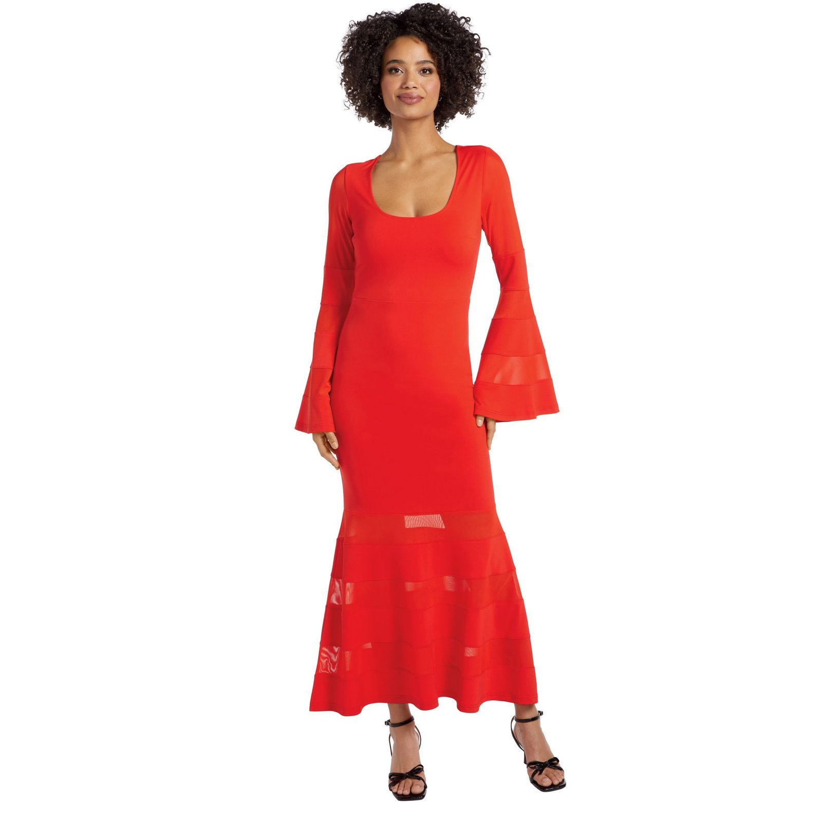 Masseys Hot Mesh Maxi Dress (Size 1X) Flame Scarlet, Polyester,Spandex