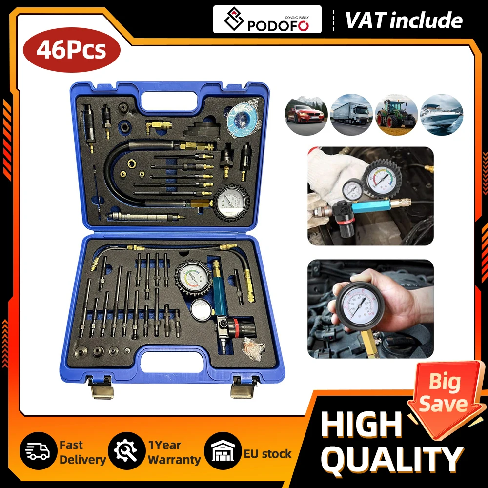 Kit de test de compression du moteur Podofo 46 pièces, adapté aux voitures diesel et essence, pour la réparation automobile
