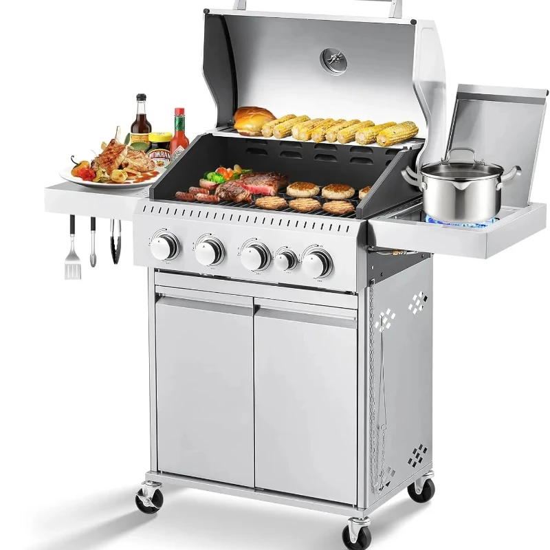 Edelstahl 4-Brenner BBQ Propangasgrill mit Gusseisen-Grillrosten & Seitenkochfeld, Edelstahl 44000 BTU Brenner Image
