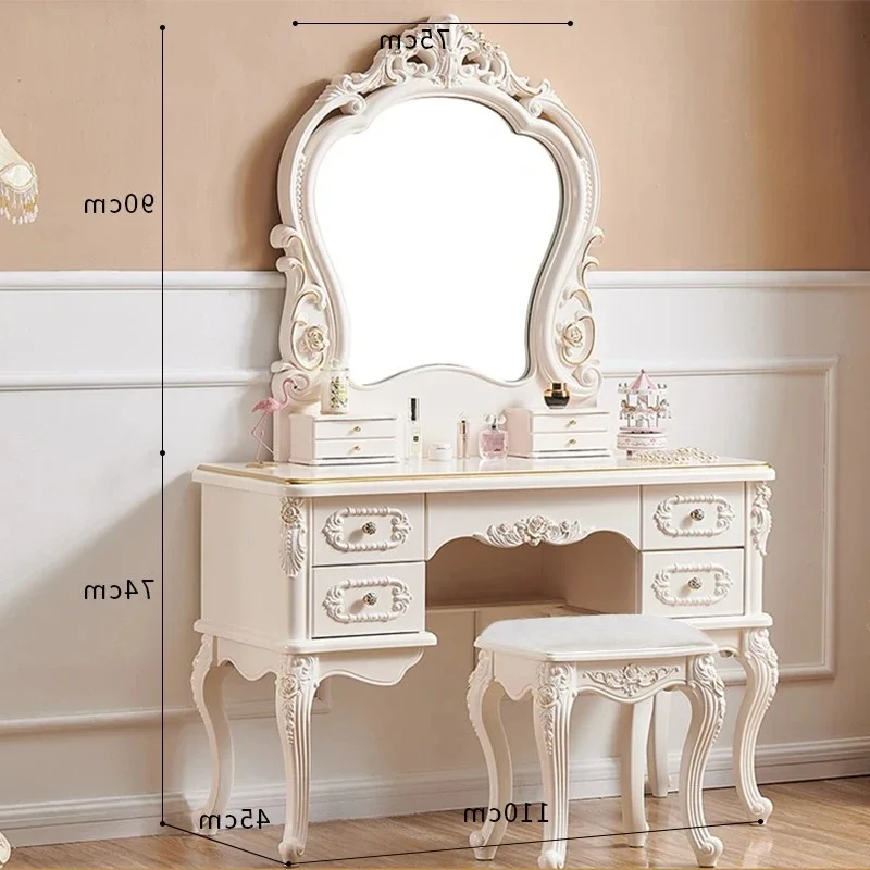 Beiger Holz-Luxus-Schminktisch Vintage-Spiegel Moderner Weißer Schminktisch Einzigartiger Nordischer Penteadeira Schlafzimmermöbel für Zuhause Image