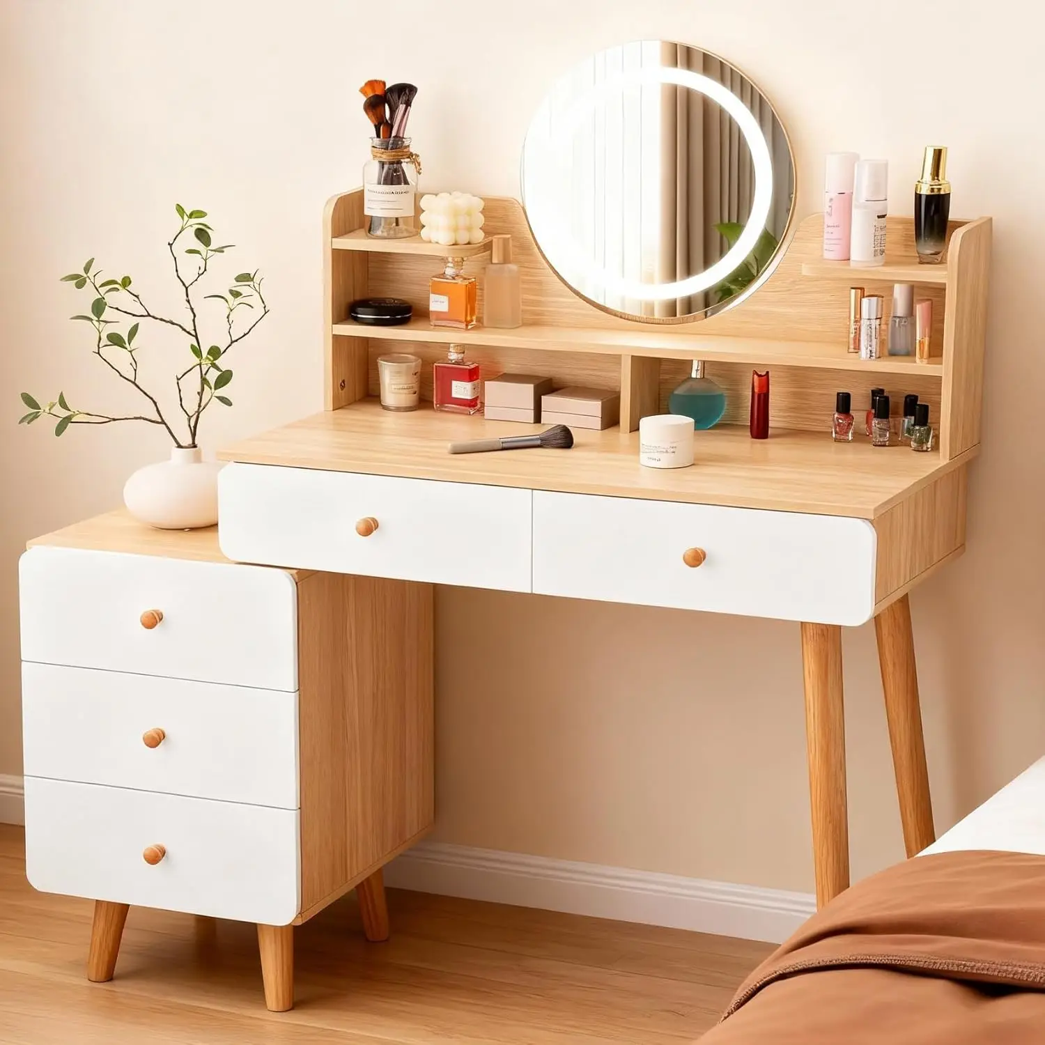 Schminktisch mit LED-Beleuchtung und Spiegel, 3 Farben, Schminktisch mit 5 Schubladen und Ablagefächern, Kosmetiktisch mit Image