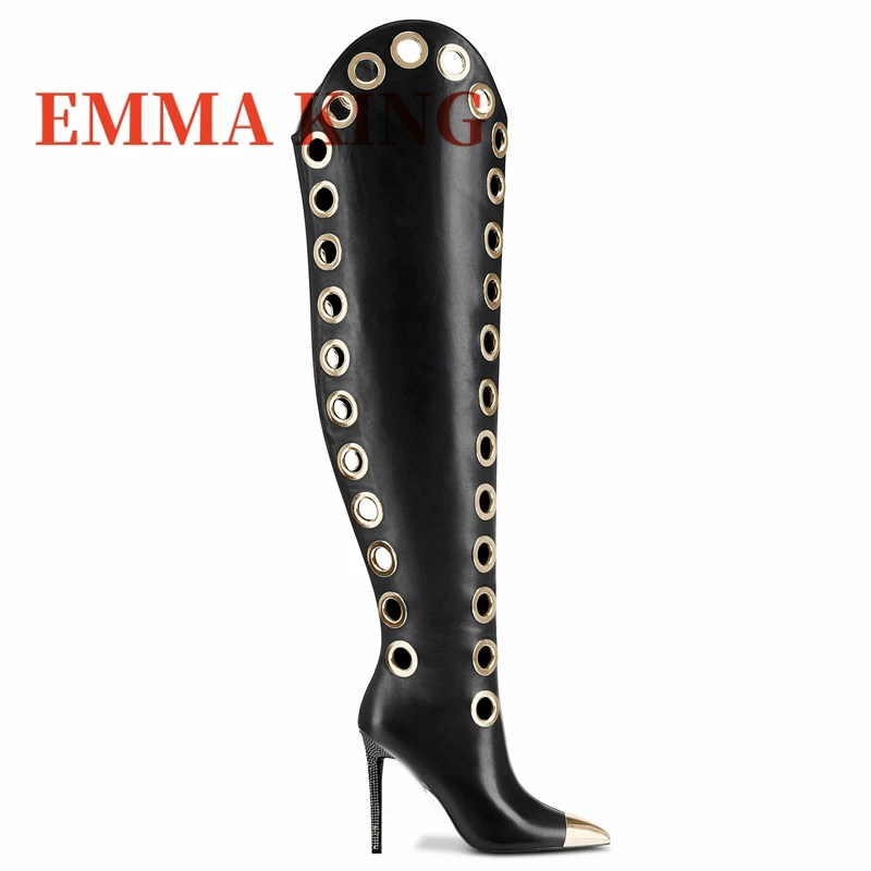 Overknee-Stiefel mit Metallkreis, sexy spitzer Zehenbereich, Reißverschluss hinten, Oberschenkelhohe Stiefel, modische Damenschuhe mit Stiletto-Absatz, große Größe 44
