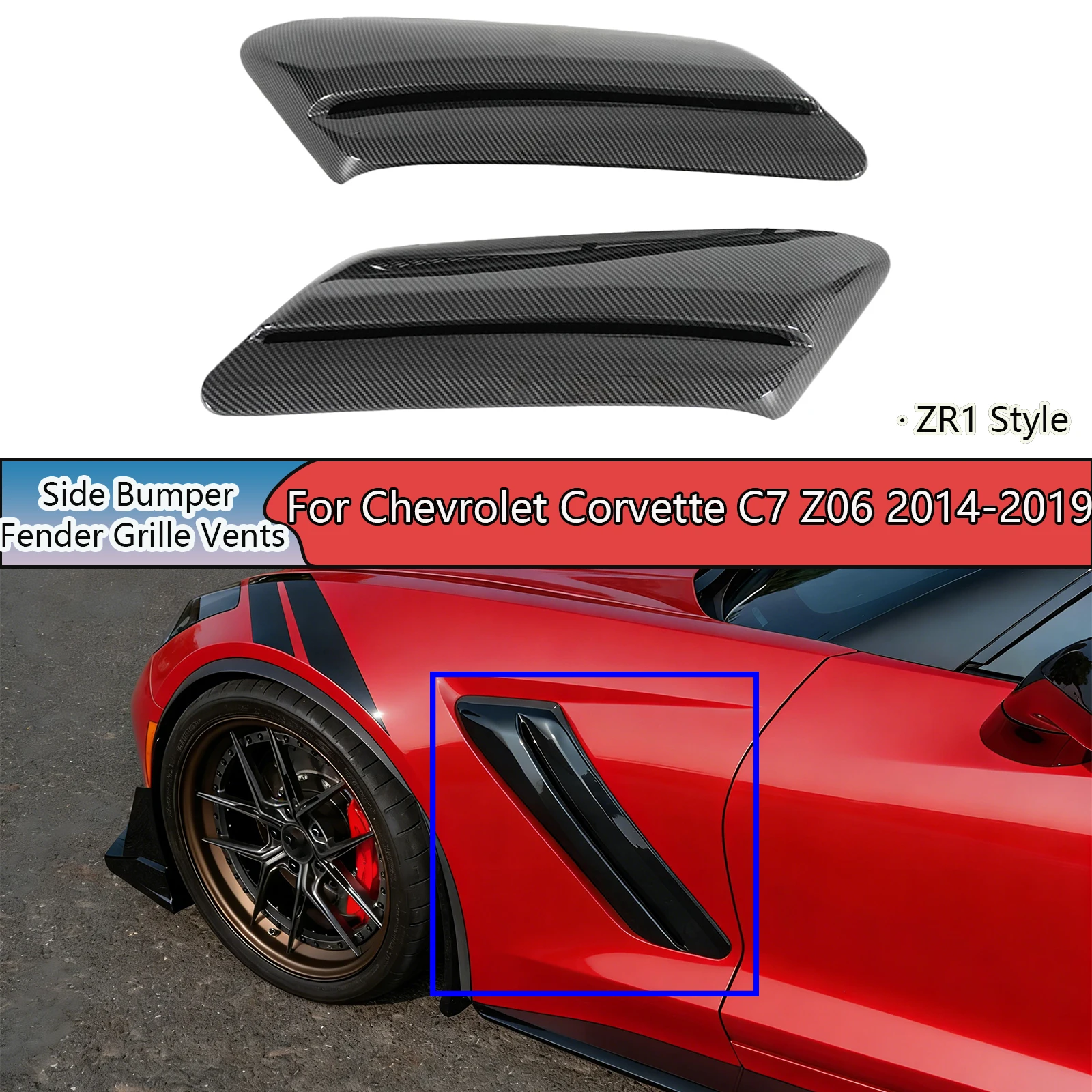 Ein Paar seitliche Stoßstangen-Lüftungsgitter für Chevrolet Corvette C7 Z06 2014-2019, matt schwarz, glänzend schwarz, Carbonfaser-Lackierung Image