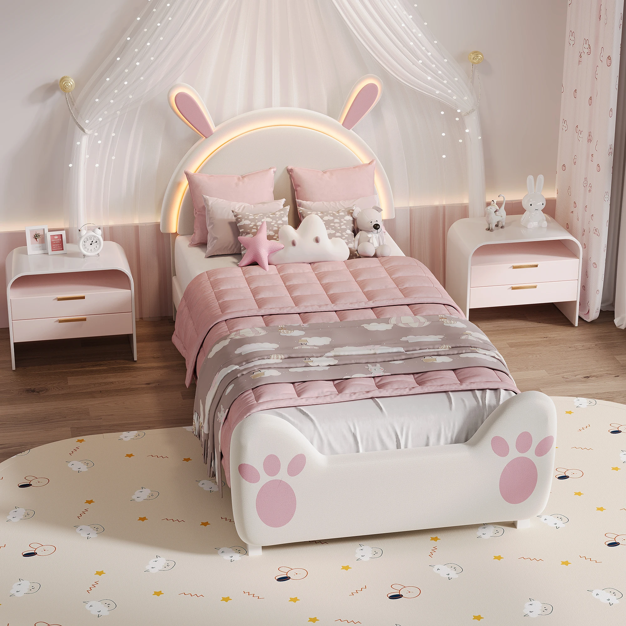 Roshanda Kinderbett, niedliches Hasen-Design, 90/140x200cm, Einzelbett, mit LED-Beleuchtung, für Kinderzimmer und Kinderzimmer