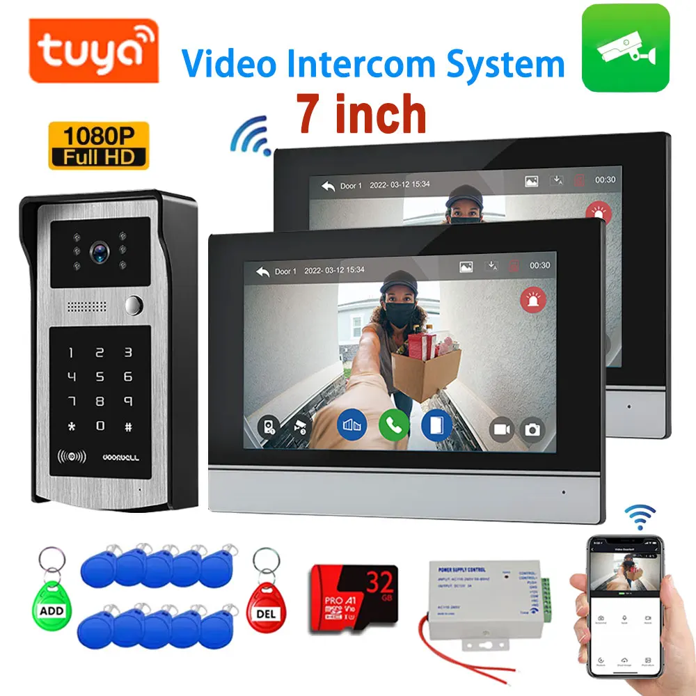 Tuya WiFi Video-Türsprechanlage 4-Draht 7 Zoll Touchscreen 1080P Kamera Video-Türklingel 1V1 / 1V2 Gegensprechanlage Passwort / APP-Entsperrung Image