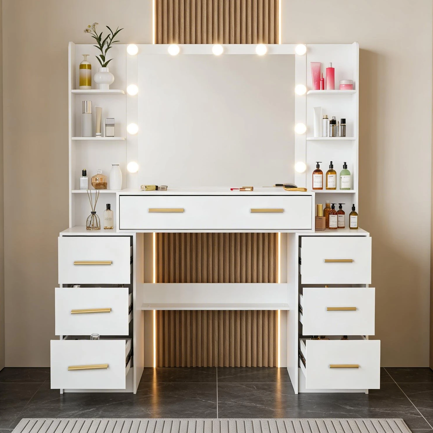 Teousev Weißer Moderner Schminktisch mit 7 Schubladen, Goldfarbenen Griffen, LED-Glühbirnen, Beleuchteter Spiegel, 3-Farben Dimmbar, Schlafzimmer-Schminktisch