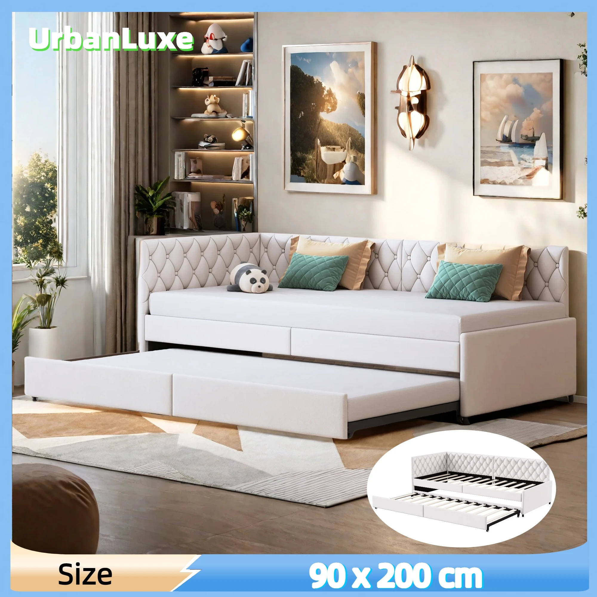 Schlafsofa 90/180x200 cm, Sofa, Polsterbett, Bettgestell, ausziehbares Schlafsofa, Samt, beige